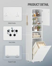 HaluPeit Colonna Bagno, Mobile Bagno Salvaspazio, Armadio Alto per Immagazzinaggio con Cesto per Abiti Sporchi, Ripiano Regolabile, Adatto per Bagno e Lavanderia, 40 x 40 x 170 cm, Bianco - Bianco - Visualizzare 8