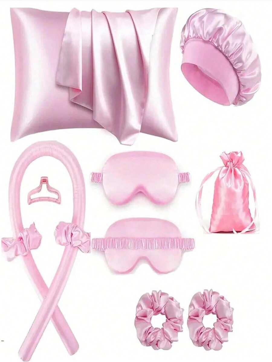 10pcs Sleep Hair Styling Tools Set, Curler 1pc Silk Pillowcase For Hair And Skin Queen Set, Silk Heatless Curling Set, Overnight Curling Iron, 1pc Sleep Soft Eye Mask, 1pc Sleep Silk Nightcap, Sleep Essential Set, Back To School - Multicolor - View 1