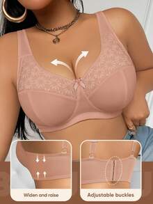 MEIYATING Plus Size Women Floral Lace Patchwork Solid Color Adjustable Strap Soft Comfortable Daily Underwear Sexy Padded Bra