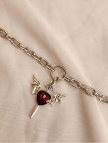 Dark Halloween European And American Gothic Punk Heart Wings Red Oil Drop Skull Necklace