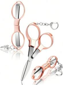 1pc Foldable Stainless Steel Portable Badge Scissors With 1 Keychain, Compact Pocket Travel Small Scissors, Multi-Purpose For Nurse, Travel, Office, Sewing, Home Use