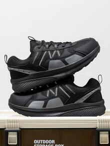 1 Pair Men's Plus Size Solid Color Faux Leather Lace-Up Sneakers, Breathable Mesh Sports Shoes For Outdoor, Gym, All Season - Black - View 5