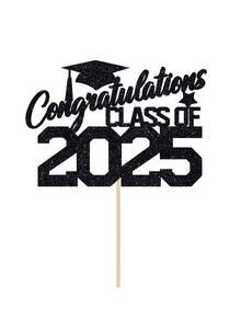 1 件黑色闪光“祝贺 2025 届毕业生”毕业帽蛋糕装饰，适用于毕业派对，装饰庆祝 2025 届毕业生 - 黑色 - 查看 8