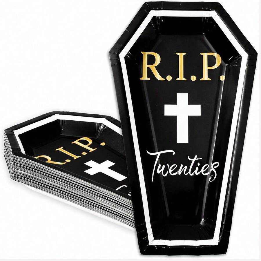 10/20/40个装 30岁生日派对纸盘，“ Twentys”（告别二十岁）纸盘，“Death To My 20s”（告别我的二十岁）一次性纸盘，黑白棺材形“”纸盘，适用于30岁生日派对装饰、餐具 - 黑色 - 查看 1
