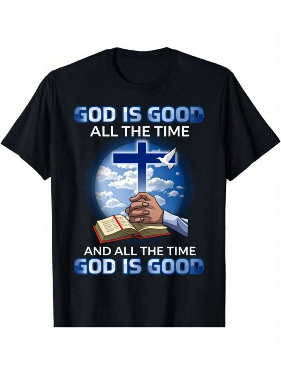 Christian T-Shirt "God Is Good All The Time" For Men And Women, Graphic Tee With Religious Cross And Bible Verse, Casual Short-Sleeve Top For Daily Church Worship, Crew Neck, Ideal For Summer And Spring, Comfortable And Casual Fit - 黑色 - 查看 1