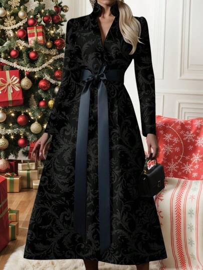 Rochie elegantă pentru femei, din satin, cu model floral, mânecă lungă, linie A, decolteu în V