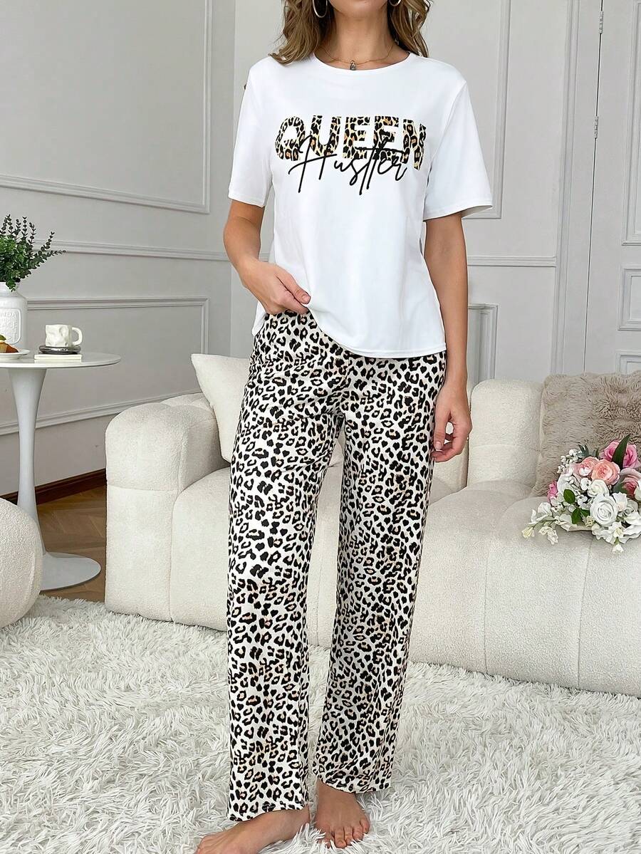 2pcs White Short Sleeve Top + Leopard Print Pants Pajama Set For Women - White - View 1