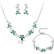 Crysdue Flower Leaf Wedding Jewelry Set Bridal Bridemaid, Cubic Zirconia Teardrop Elegant Silver/14K/Gold Plated Vine Necklace Dangle Earrings Prom Party - B_三組綠色 - 查看 7