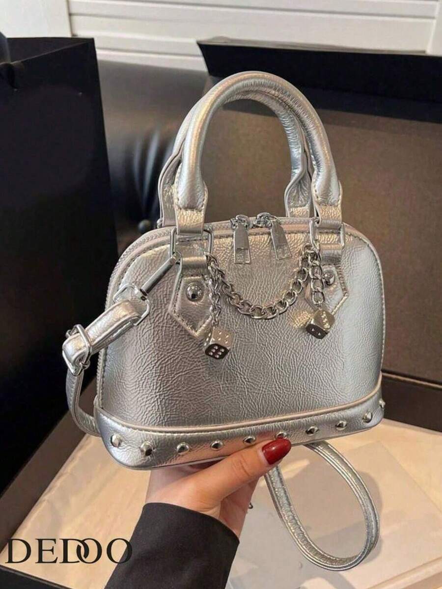 1pc Fashion Silver PU Material Rivet Chain Decor Adjustable Strap Shell Bag, Women Y2K Punk Style Mini Crossbody Shoulder Handbag, Suitable For Millennium Aesthetic, Dance Party Accessory - 銀色 - 查看 1