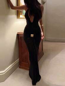 Women's Solid Color Tie Back Open Back V-Neck Long Fitted Sexy Elegant Party Dress Bodycon Wedding - Dark Black - View 4