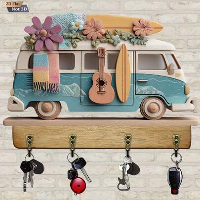 1pc 2D Printed Wooden Multifunctional Key Holder With 4 Metal Hooks, Travel & Adventure Themed Wall Decor For Home, Porch, Room, Villa, Suitable For All Seasons