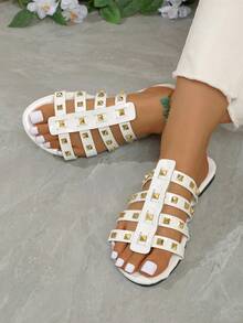 1 Pair Summer New Flat Sandals, Elegant Flat Sandals, Fashionable Retro Black Sandals, Studded Women's Shoes, Beach Vacation Shoes, Elegant Goddess Preppy College Fashion Vacation Beach Bohemian Casual PU Leather Buckle Beach Holiday Wedding College Vacation Party Office Home Outdoor Spring Summer Autumn Shiny Mirror Strap Women Sandals - White - View 8
