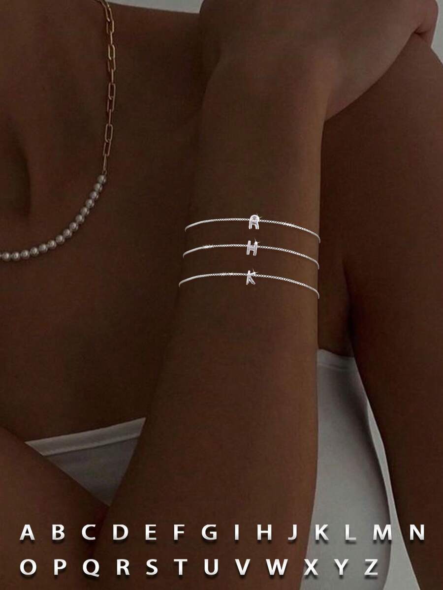 1 pieza Pulsera inicial para mujer de plata de ley 925 con letra inicial, pulsera delicada personalizada con 26 letras del alfabeto, regalo de joyería para cumpleaños, aniversario, boda - Plateado - Ver 1