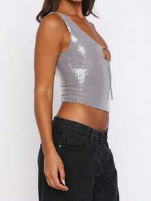 Women Sleeveless Sequin Tank Tops Shiny Sparkly Glitter Crop Shirt Tops Going Out Party Club Rave Top - Bạc - Xem 4