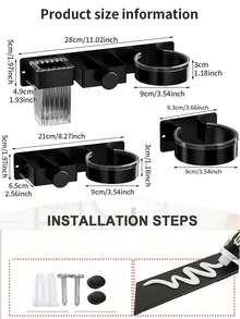 Soporte de pared 3 en 1 para secador de pelo y rizador, organizador sin taladro para plancha de baño, estantería ahorradora de espacio para almacenamiento de herramientas para el cabello, accesorios de baño - Negro - Ver 5