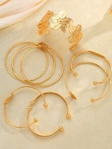 1/1pc Vintage Exaggerated Luxurious Geometric Floral Twist Design Women Metal Gold Bangle Set, Suitable For Daily Wear And Gift - Gold - View 4