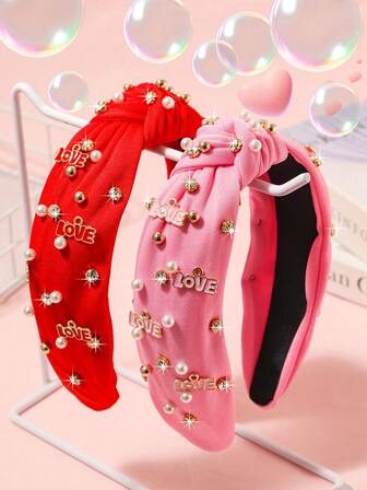 1pc Women's Valentine's Day Hair Accessory, Pearl & Rhinestone LOVE Knot Headband, Romantic Valentine's Gift, Everyday Use ,Hair Band ,Diadema ,Hair Hoop
