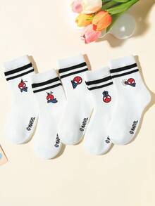 Marvel 10/5/1 双漫威春夏潮流男童/儿童条纹短袜/踝袜。可爱的卡通蜘蛛侠图案，经典百搭的柔软透气中筒袜。舒适吸湿，耐穿的白色运动袜，适合课外活动、休闲穿着、运动和返校穿着。多包装可选。 - 白色 - 查看 7
