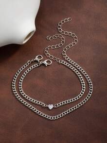 2pcs Heart Rhinestone Stainless Steel Chain Anklet Set, Simple Women Gift For Date, Vacation, Daily Wear - Silver - View 3