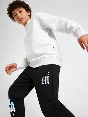 Teen Boys' Handsome Lightning & English Print Drawstring Waist Sweatpants, Fleece Fabric, Suitable For Carnival, Back To School, Teen Boys Gifts, Autumn/Winter