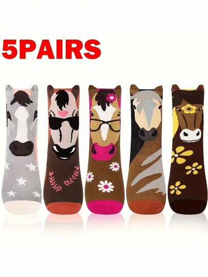 5双装马图案女士船袜，舒适户外袜，动物主题派对及骑行礼物，爱马人士趣味动物袜，送给妈妈、女朋友、女士、青少年的礼物，彩色马图案趣味船袜