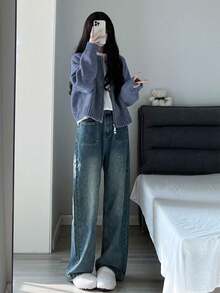 Warm Zip-Up Cardigan Sweater For Women, Autumn/Winter, Back To School Season - Misty Blue - View 4