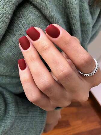 24-Piece Acrylic Nail Press Short Square, Matte Red Nail Press, Short False Nail Set, Neutral Gel Nail Short, For Women To Wear Daily In Winter