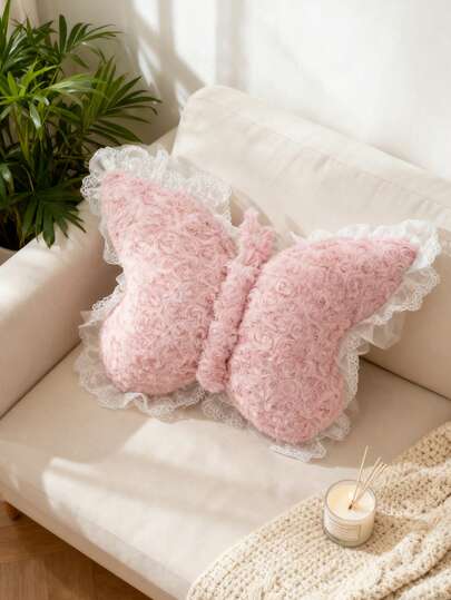 1pc Soft Plush Pink Ruffled Butterfly Throw Pillow, Suitable For Sofa And Bedding Decor, Perfect Gift For Valentine's Day, Wedding, Anniversary, Birthday, Wedding Favor, Wedding Decoration, Autumn Harvest Romantic Decor, Halloween And Christmas Decoration
