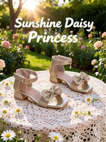 1 Pair Fashionable Children's Gold Sequin High Heel Sandals, Girls' Butterfly Decor Square Toe High Heels, Princess Style For Daily Wear, Suitable For Banquet, Performance, Fashion Dress, Birthday Party, Lightweight Party, Multi-Occasion