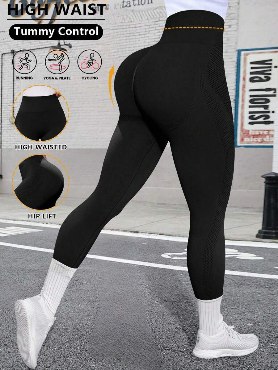 Women's High Waist Tight Leggings, Soft Stretchy, Tummy Control Lift Butt, Suitable For Workout, Yoga, Running, Regular And Plus Size - Black - View 1