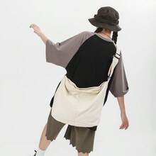 Duża pojemność beżowej torby płóciennej w stylu retro, minimalistyczna, uniwersalna torba na ramię z zapięciem na zamek błyskawiczny, odpowiednia do codziennego użytku, w stylu uniwersyteckim, dla studentów, na podróż, na ulicę, składana torba na ramię - Beżowy - Zobacz 7