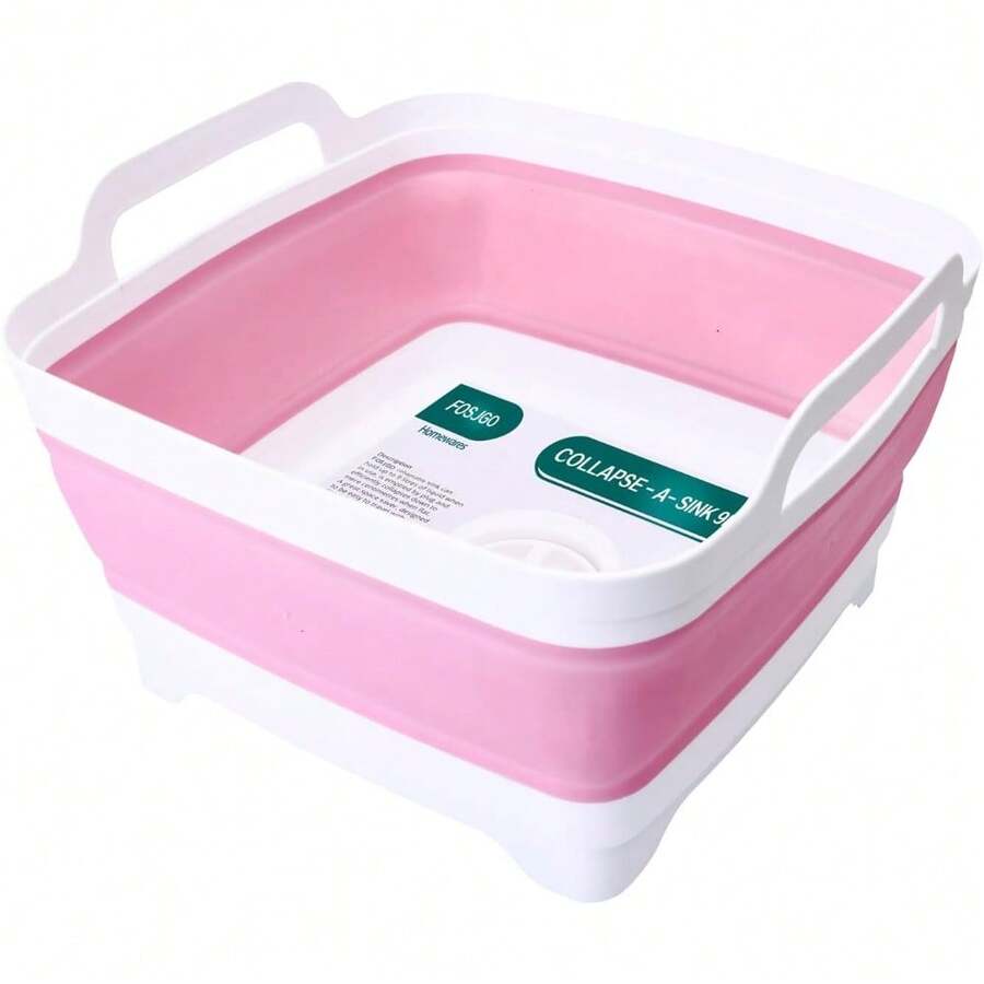 2.4 Gal(9L) Collapsible Dish Basin With Drain Plug,Space Saving Multiuse Foldable Sink Tub,Dishpan,Kitchen Sink For Camping,Plastic Tub,Vegetable Washing,Beverage Tubs - 粉色 - 查看 1