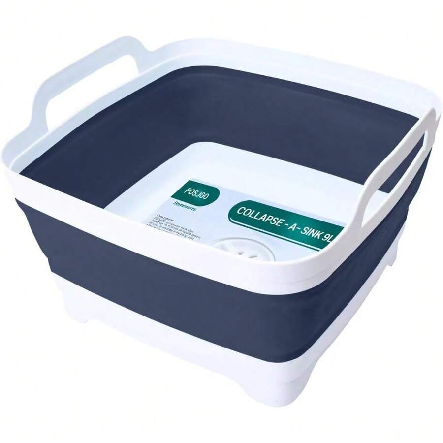 2.4 Gal(9L) Collapsible Dish Basin With Drain Plug,Space Saving Multiuse Foldable Sink Tub,Dishpan,Kitchen Sink For Camping,Plastic Tub,Vegetable Washing,Beverage Tubs - Màu xanh hải quân - Xem 1