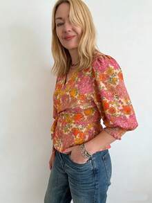 Women's Floral Print Wrap Blouse - Puff Sleeve Ruched Cuff Casual Top, Spring Summer Loose Fit Office Daily Shirt - Nhiều màu - Xem 5