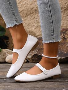 白色PU方头平底一脚蹬乐福鞋，时尚漆皮休闲鞋，女士春秋季款，优雅莫卡辛鞋，简约风格，适合办公/通勤穿着。 - 白色 - 查看 4