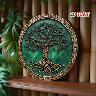 1 pieza Placa metálica redonda con fondo verde plano, Placa metálica con diseño del árbol de la vida, Decoración de nudo celta 20x20cm Placa metálica redonda cóncava - Decoración de pared metálica, para hogar, garaje, restaurante, cafetería, decoración de pared exterior | Diseño de nudo celta | Letrero metálico duradero, decoración de pared metálica