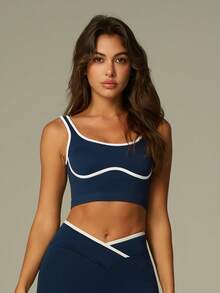 UONNOU 1 Piece, Women's Sportswear, Tank Top, Casual Wear, Shapewear, Large Round Neck, Contrasting Bust Line, White Trim, No Cups, Cropped Sports Top, Seamless Knit Fabric, Soft And Comfortable, Suitable For Sports, Outdoor Activities, Yoga, Gym