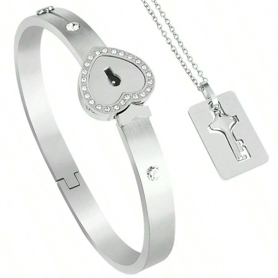1 paire de bracelets de couple en acier inoxydable noirs avec cadenas en forme de cœur, indéfectibles ; 1 paire de bracelets de couple en acier inoxydable dorés avec cadenas en forme de cœur, amour en plein essor ; 1 set de collier et bracelet de couple en acier inoxydable argenté