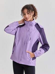1pc Women's Color Block Spring/Autumn Windbreaker, Sports Outdoor Waterproof Lightweight Jacket For Running, Hiking - Purple - View 6