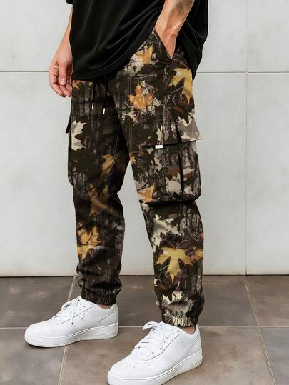 1 pieza Pantalones cargo de hombre con estampado de camuflaje para otoño/invierno, pantalones deportivos casuales sueltos para senderismo, transporte, fitness, trotar, pantalones ajustados hasta el tobillo
