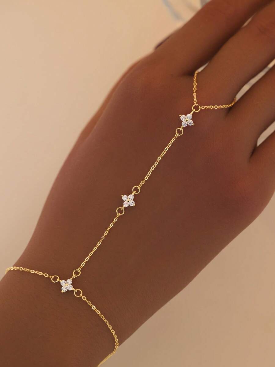 SYMFNY 1pc 925 Sterling Silver Elegant Four-Leaf Clover Cubic Zirconia Finger Hand Chain Bracelet, Suitable For Women's Daily, Party, Holiday Wear - Yellow Gold - View 1