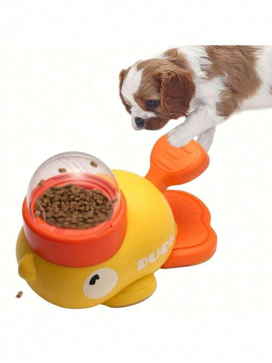 1个互动式鸭形狗狗喂食器玩具 - 手动按压式喂食器，适用于小型、中型和大型犬，耐用塑料益智玩具，橙色鸭嘴和鸭爪，无需电池的喂食设备设计