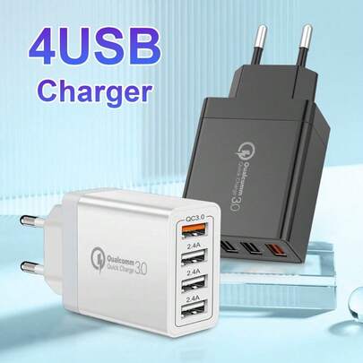Bộ sạc nhanh 4 cổng với cổng USB - Bộ sạc đa năng USB cho iPhone 17/16/15/14/13/12/8/XR, Galaxy S24 Ultra/S23/S22/S21, iPad/Pixel, bộ chuyển đổi sạc USB bền bỉ, đa năng.