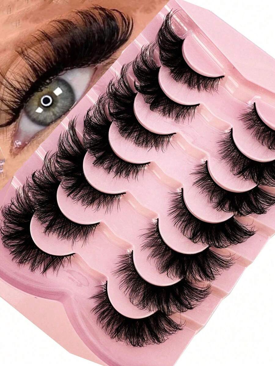 HBZGTLAD 7 Pairs Faux Mink Lashes Multipack Mink Lashes Fluffy False Eyelashes 22mm Full Wispy Lashes 8D Volume Curly Fake Eyelashes - Black - View 1