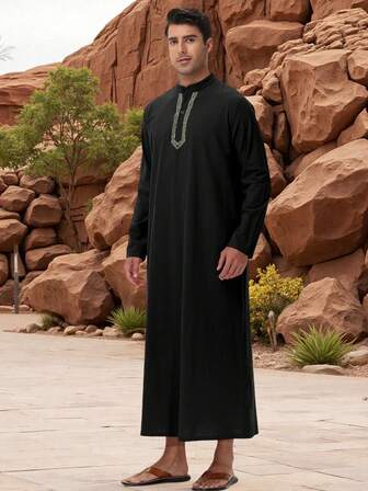 斋月男士长款刺绣长袍，款式