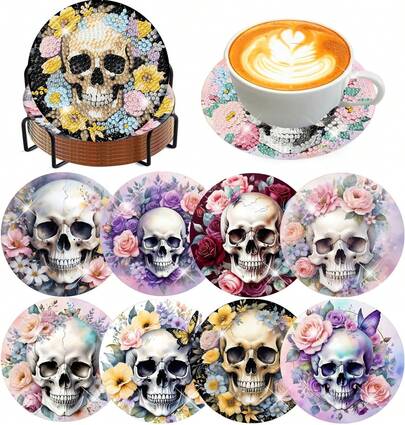 8 Pcs Diamond Art Coasters Kits Adults With Holder Cork Pads, Skull Flowers Diamond Dots Art Painting Coasters Crafts Kit Home Office Decor (4x4in)