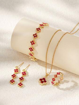 4pcs/Set Delicate Clover Shaped Chain Bracelet, Pendant Necklace, Open Ring, Earrings Jewelry Set