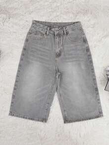 Y2K Vintage Washed Cat Whisker Pocket Wide Leg Bermuda Denim Jeans Shorts, Casual Capri Pants Summer - Light Grey - View 6