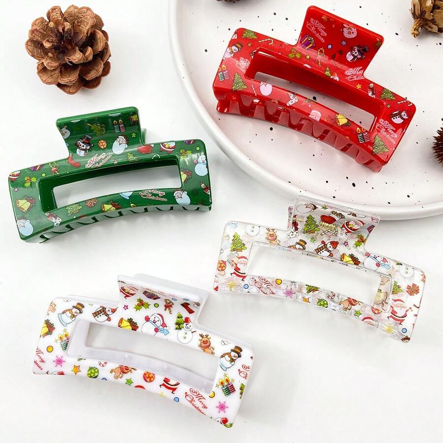 1pc Christmas Hair Clip, Patterned Claw Clip, New Reindeer & Snowman Print Funny Hair Clip, Women Holiday Bun Hair Claw, Random Print Hair Accessory, Christmas Headpiece, Christmas Costume Prop - Multicolor - View 1