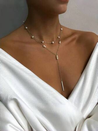 1 colier elegant pentru femei, în formă de Y, cu strat dublu, cu perle artificiale, design cu perle artificiale și pandantiv dreptunghiular, transmite o atmosferă blândă și rafinată, potrivit pentru ținute mature, întâlniri și combinații de accesorii care caută o ambianță rafinată.